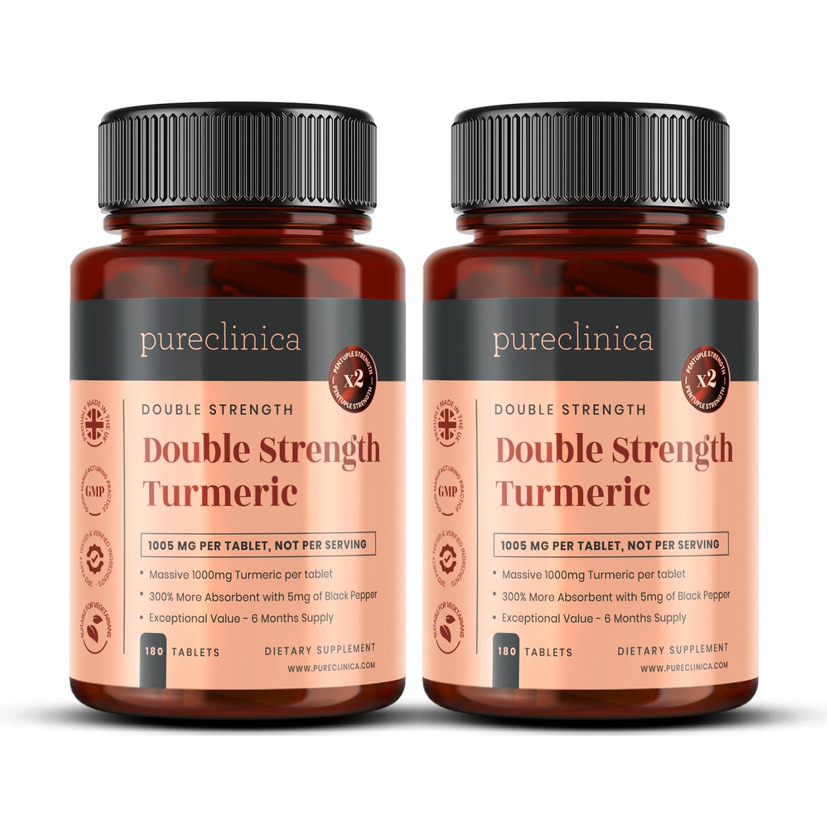 Pureclinica Double Strength Turmeric bottle front view highlighting potency for daily wellness.