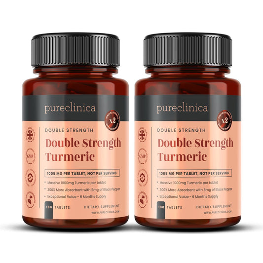 Pureclinica Double Strength Turmeric bottle front view highlighting potency for daily wellness.
