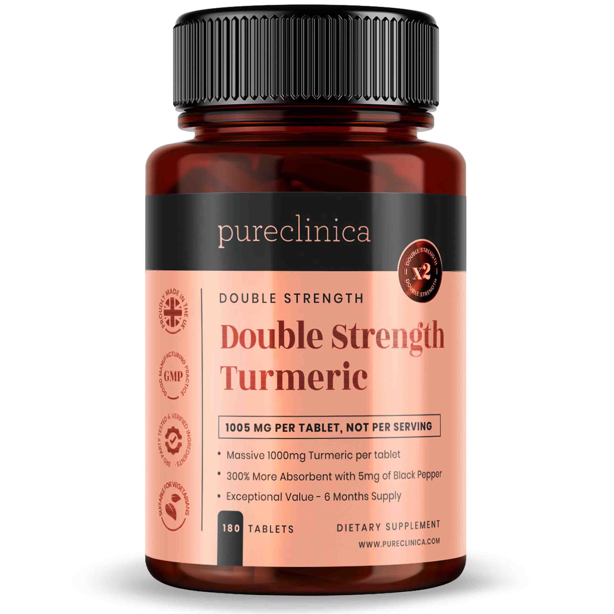 PureClinica Double Strength Turmeric bottle with a high potency 1000 mg tablet for daily use.