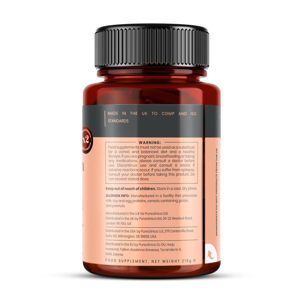 Pureclinica Double Strength Turmeric information card with dosage guidance.