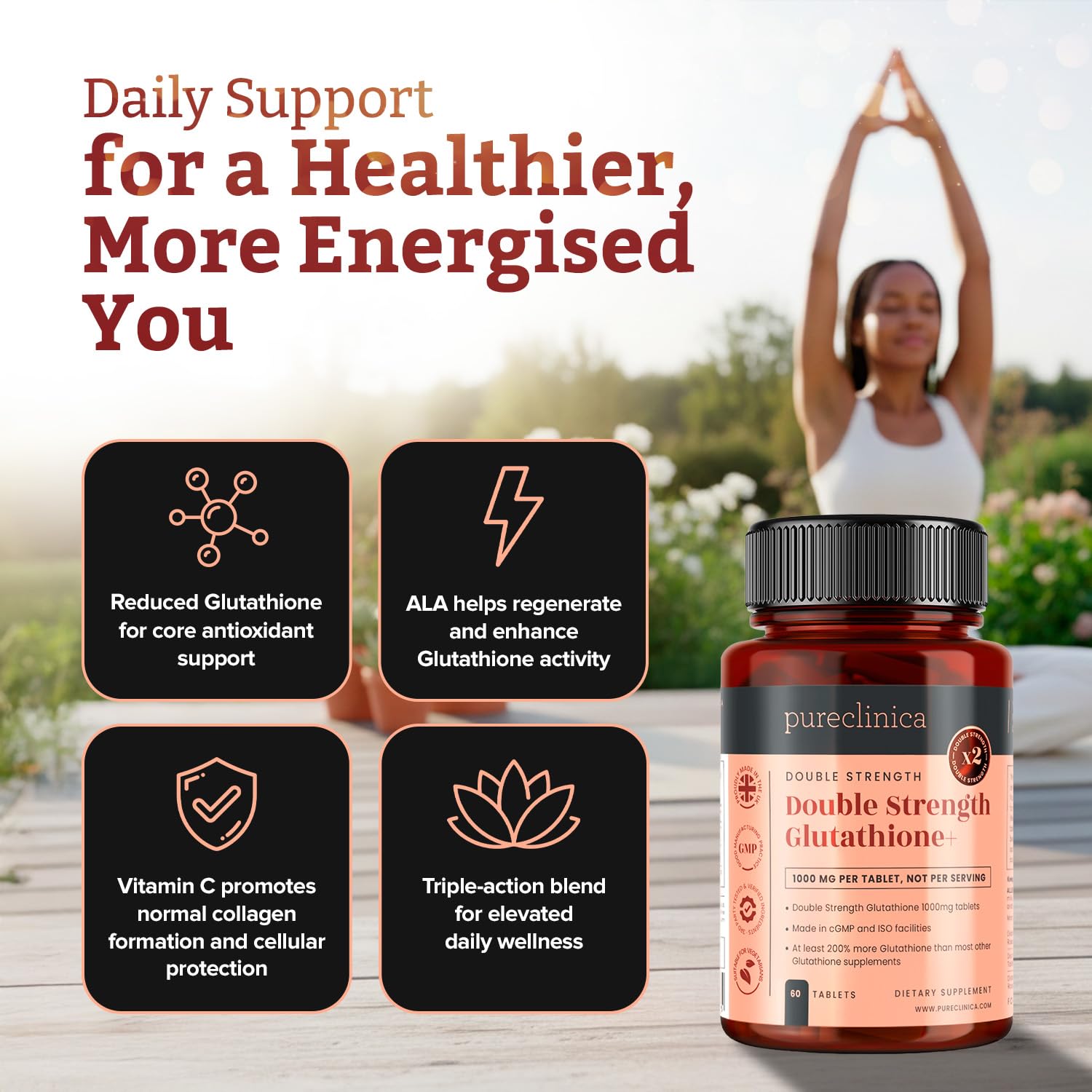 PureClinica Glutathione ingredients panel highlighting active components