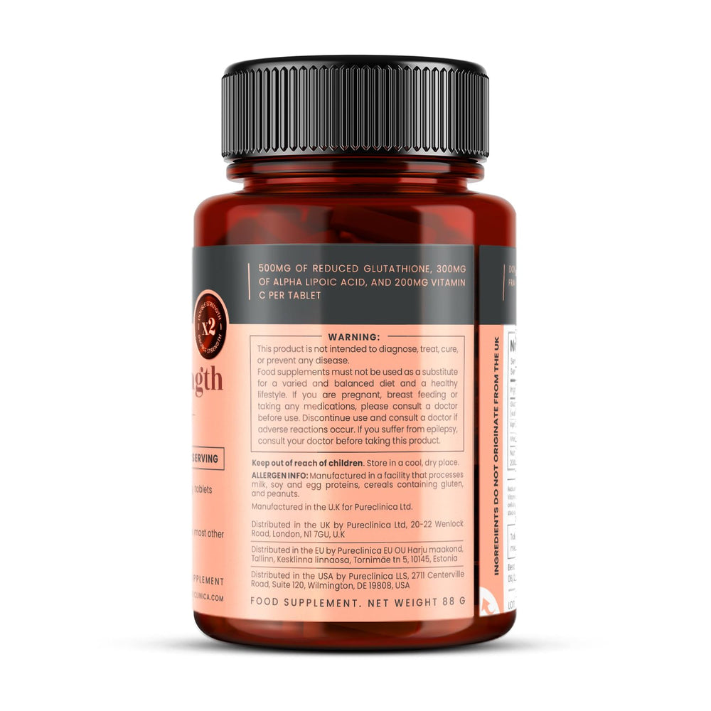 PureClinica Glutathione ingredients science infographic featuring ALA and Vitamin C
