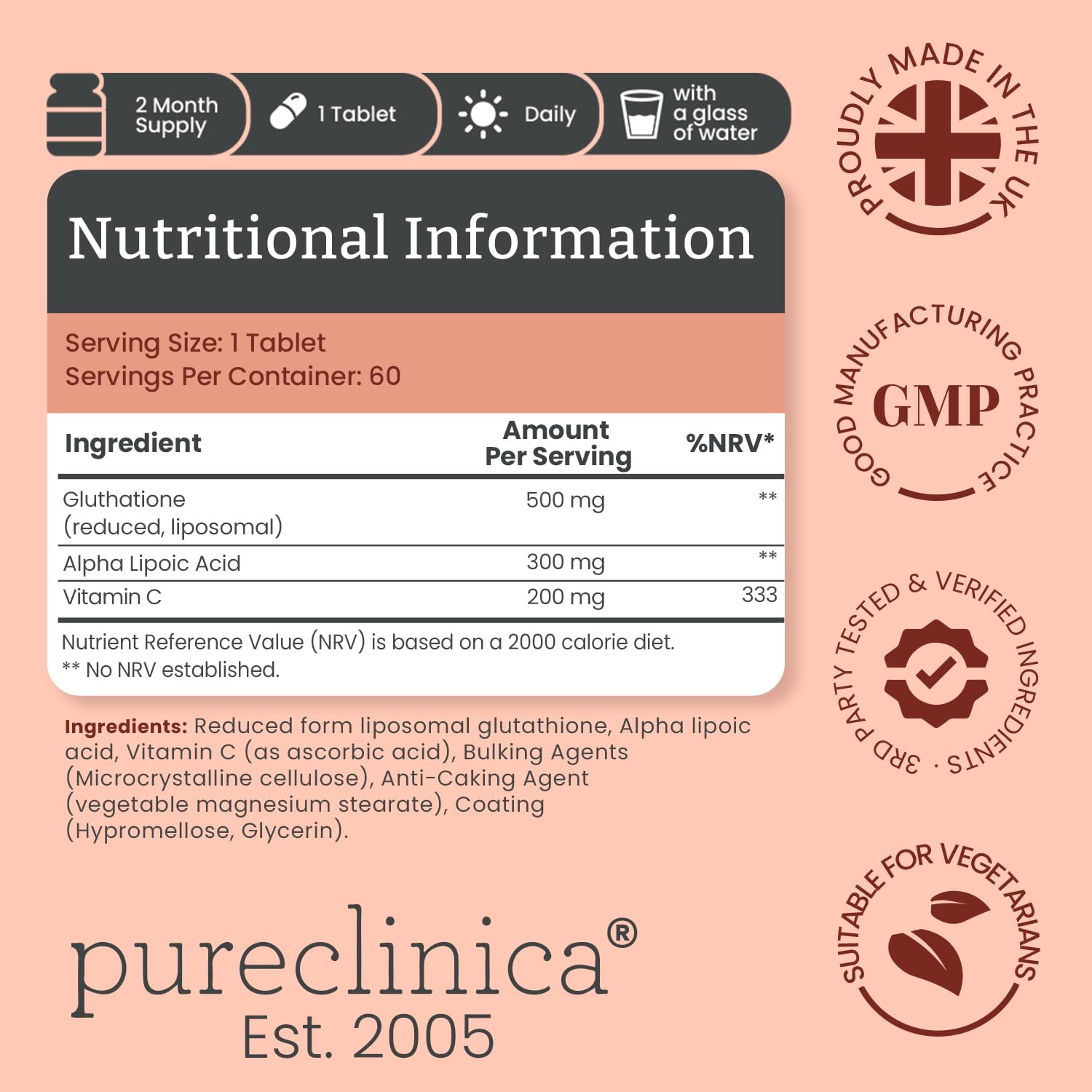 PureClinica Glutathione label close up emphasizes ingredient transparency.