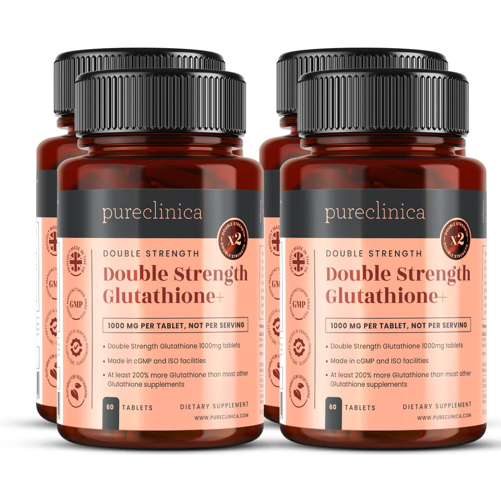 PureClinica Glutathione packshot shows four bottles for value and convenience.
