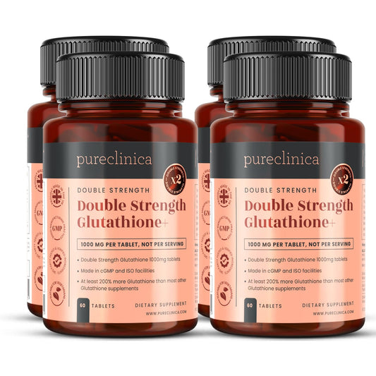 PureClinica Glutathione packshot shows four bottles for value and convenience.