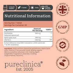 PureClinica Glutathione tablets close up highlighting texture and potency
