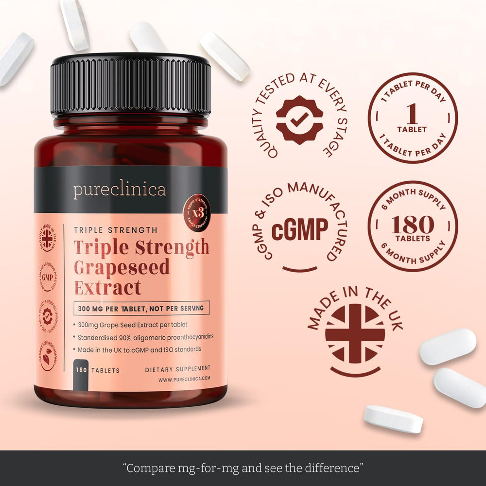 PureClinica Grape Seed Extract bottle on a clean kitchen counter.