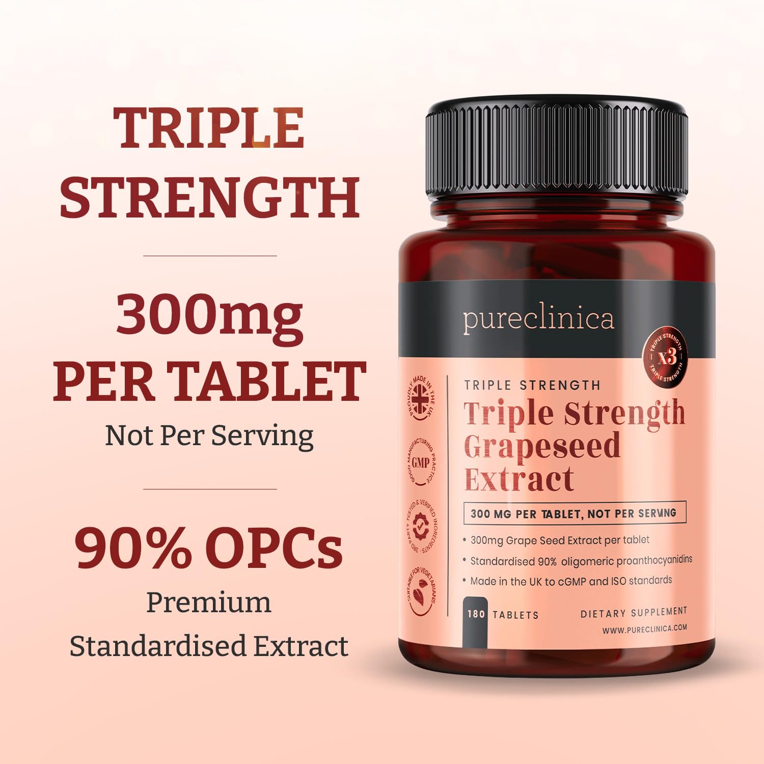 Close-up of PureClinica Grape Seed Extract label highlighting 90 OPCs.