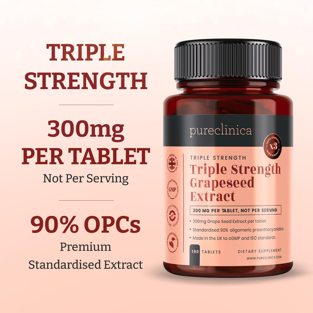 Close-up of PureClinica Grape Seed Extract label highlighting 90 OPCs.