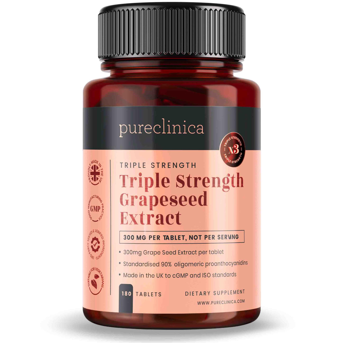 PureClinica Grape Seed Extract tablet front view for daily wellness.