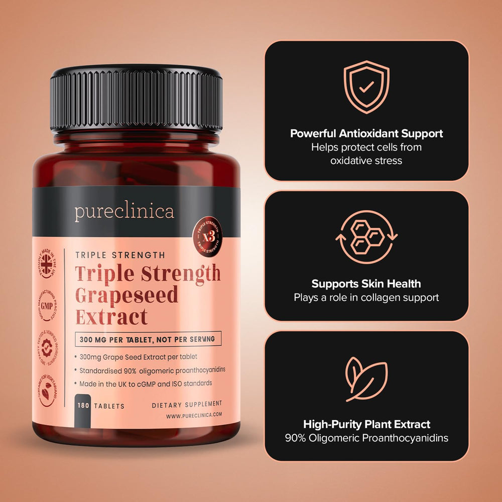 Pouring PureClinica Grape Seed Extract tablets from the bottle for convenient daily use.