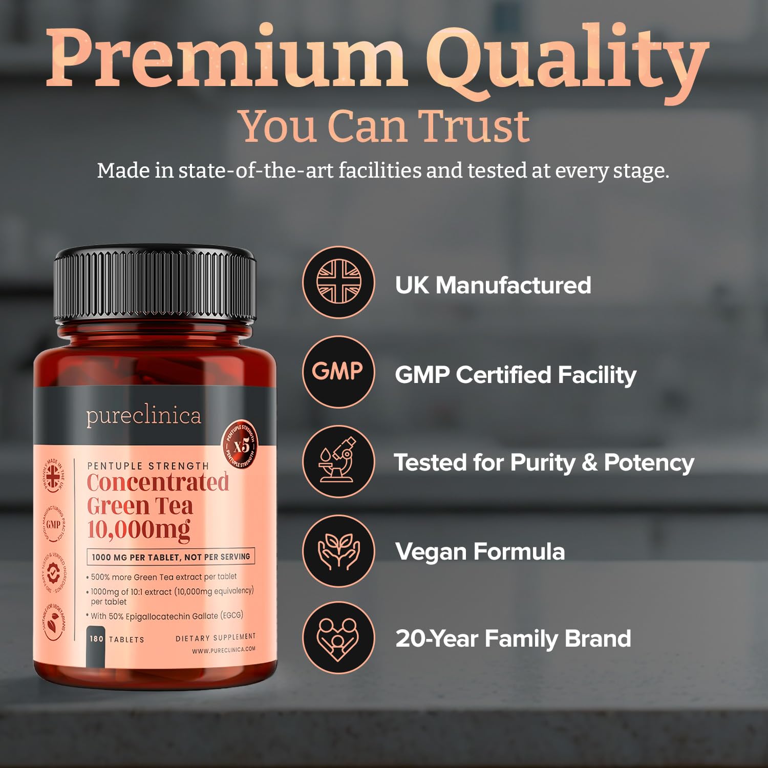 PureClinica Green Tea extract label close-up detailing ingredients