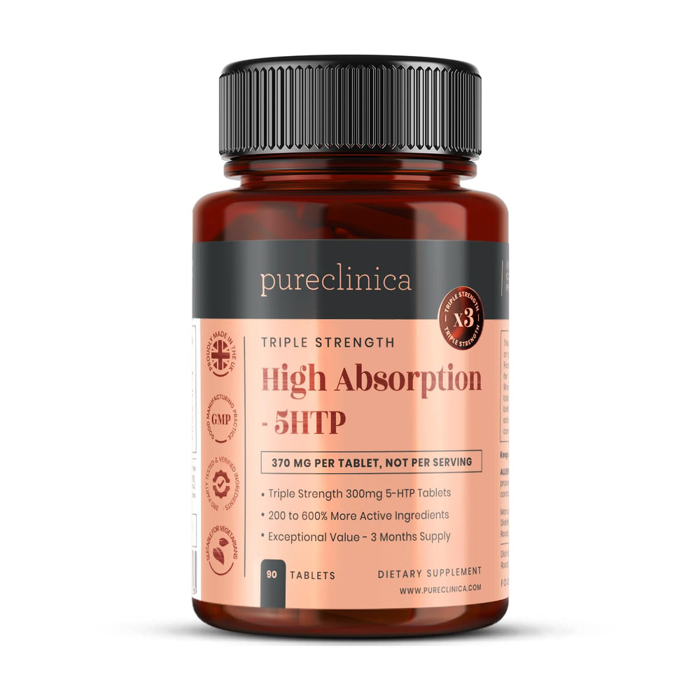 PureClinica high-absorption 5-HTP tablet close-up showing 300mg potency for mood support