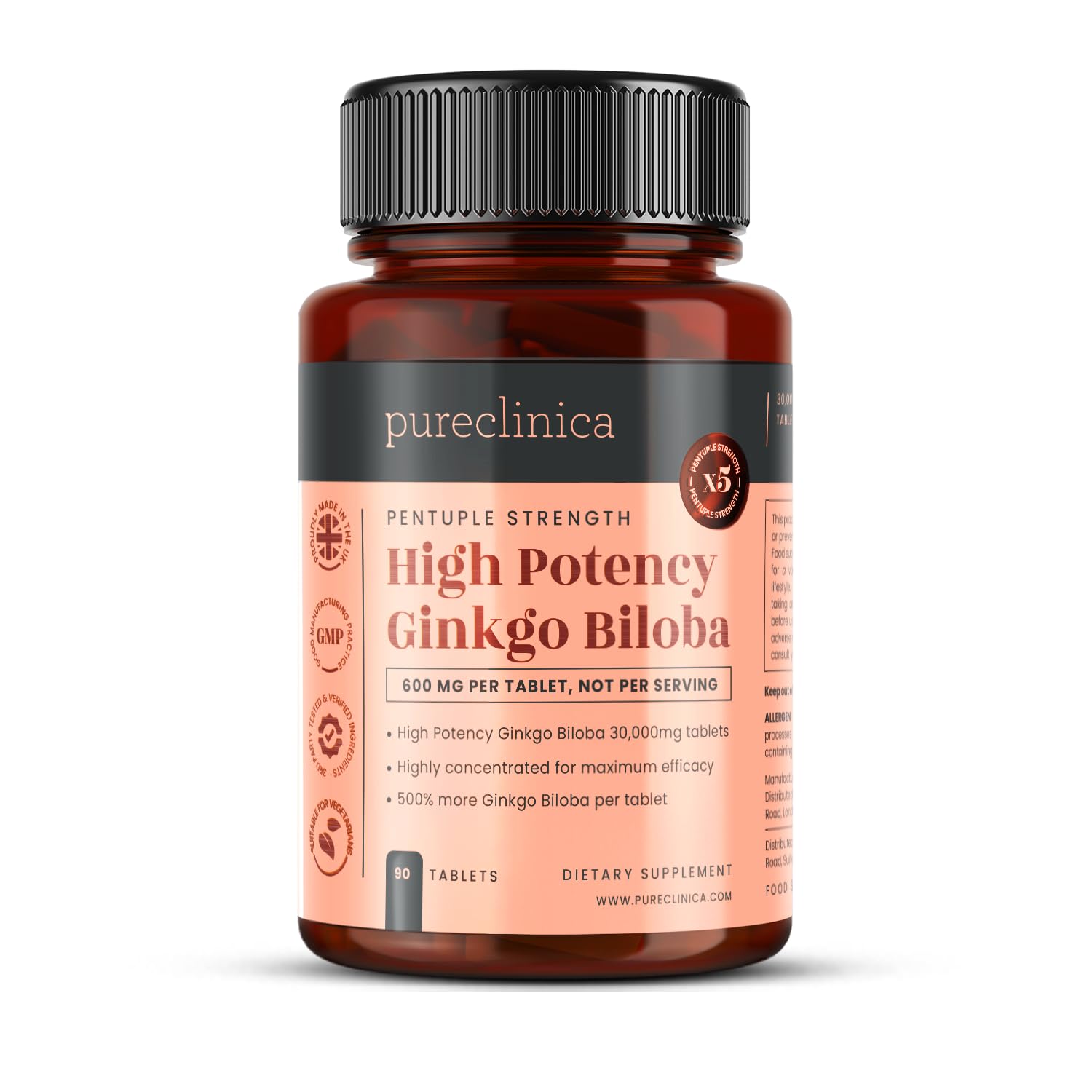 PureClinica High Potency Ginkgo Biloba bottle front view for daily use