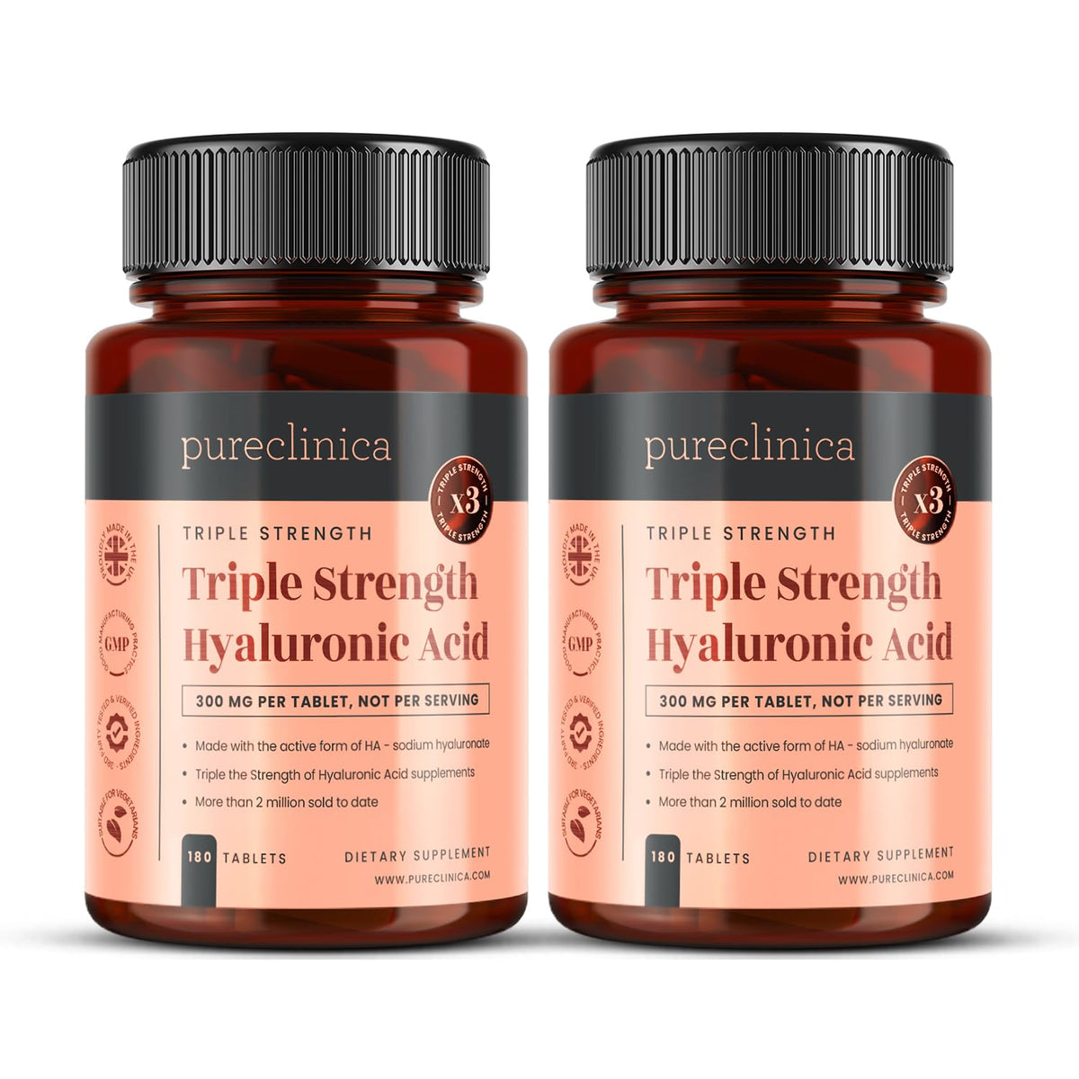 Pureclinica Hyaluronic Acid 300mg bottle front with triple strength formula