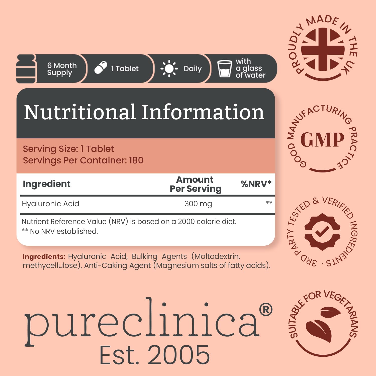 PureClinica hyaluronic acid tablets close-up reveals 300mg dosage for easy daily use.