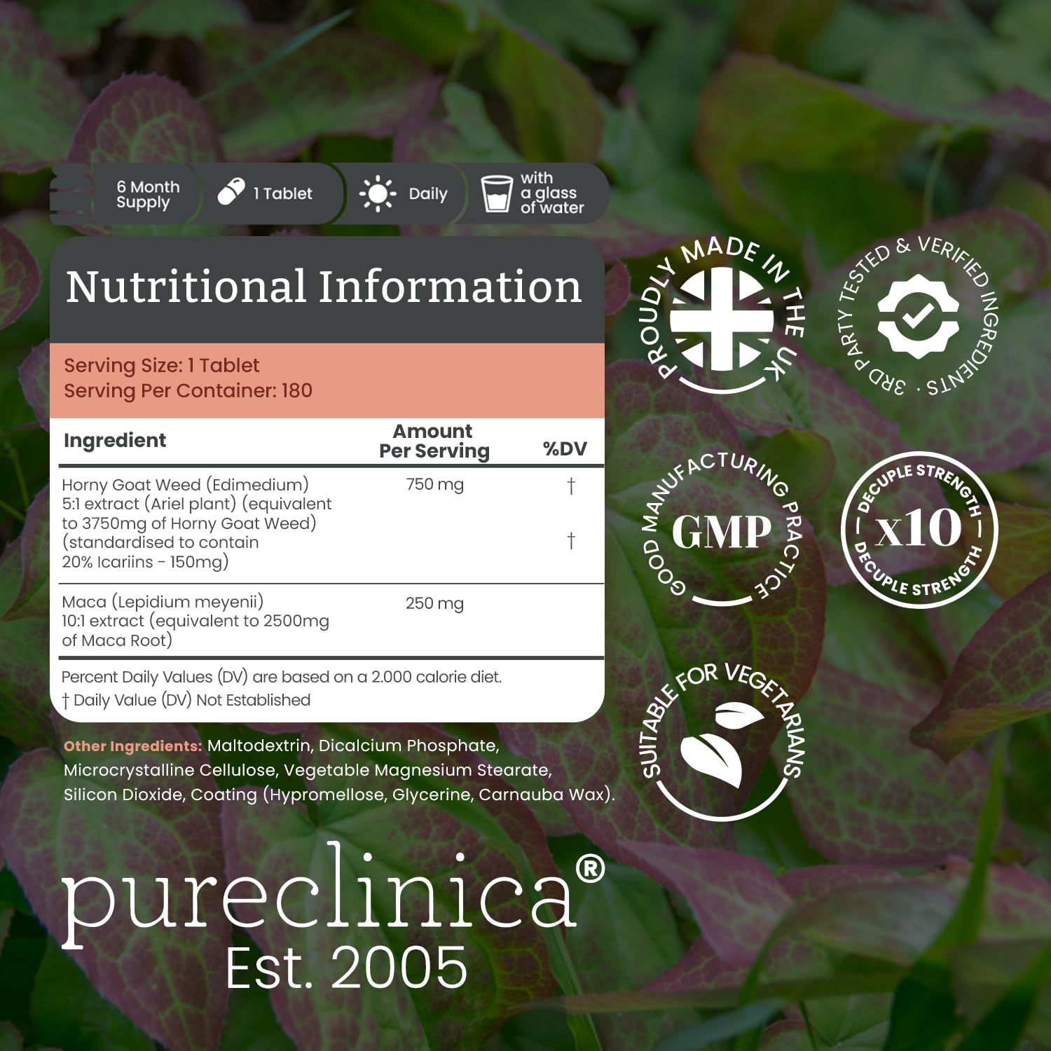 PureClinica Maca 250mg tablet with 10x extract for potential stamina support.