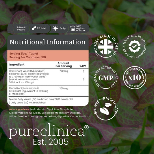 PureClinica Maca extract tablet illustrating strong energy support