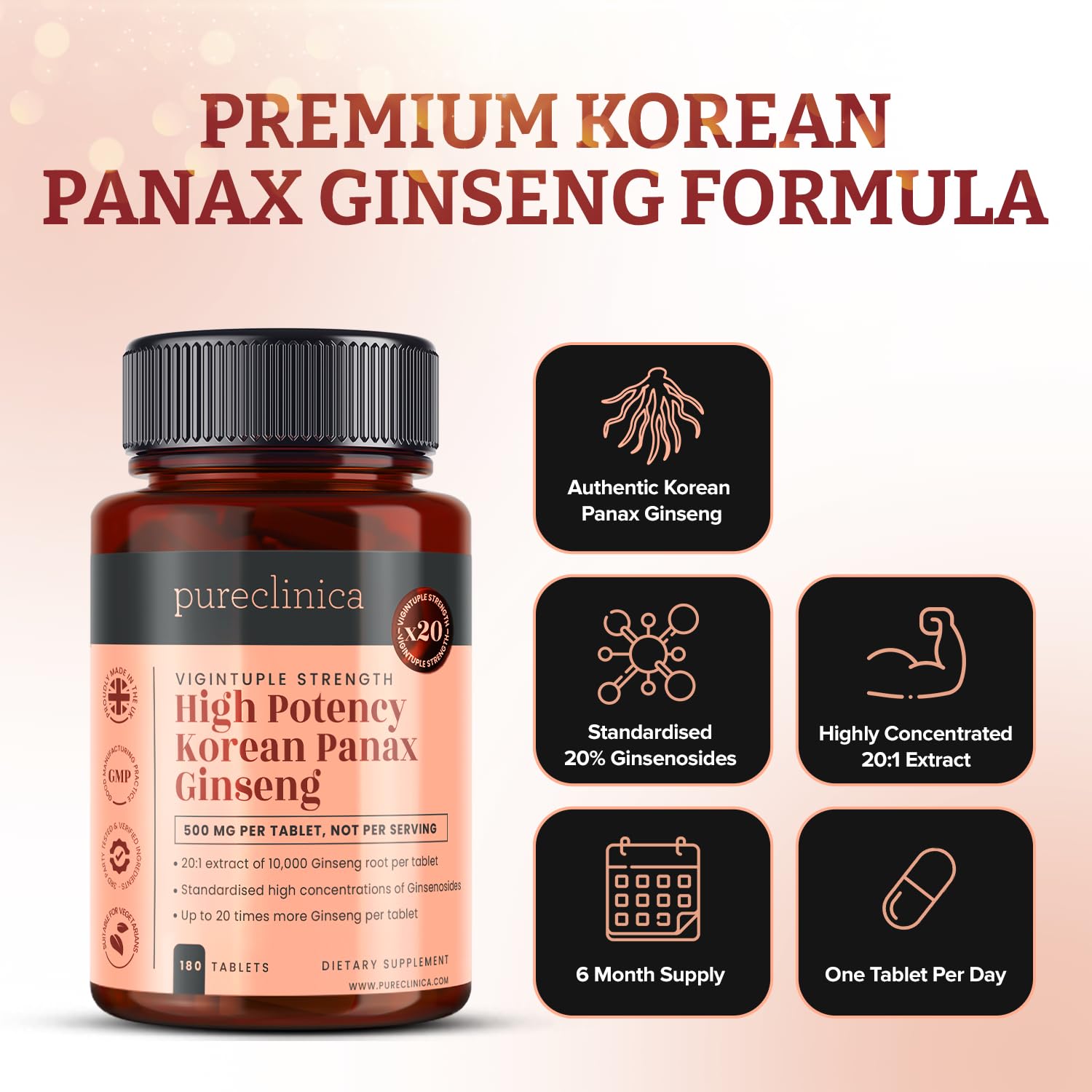 PureClinica Panax Ginseng harvested at peak potency aged 4-6 years