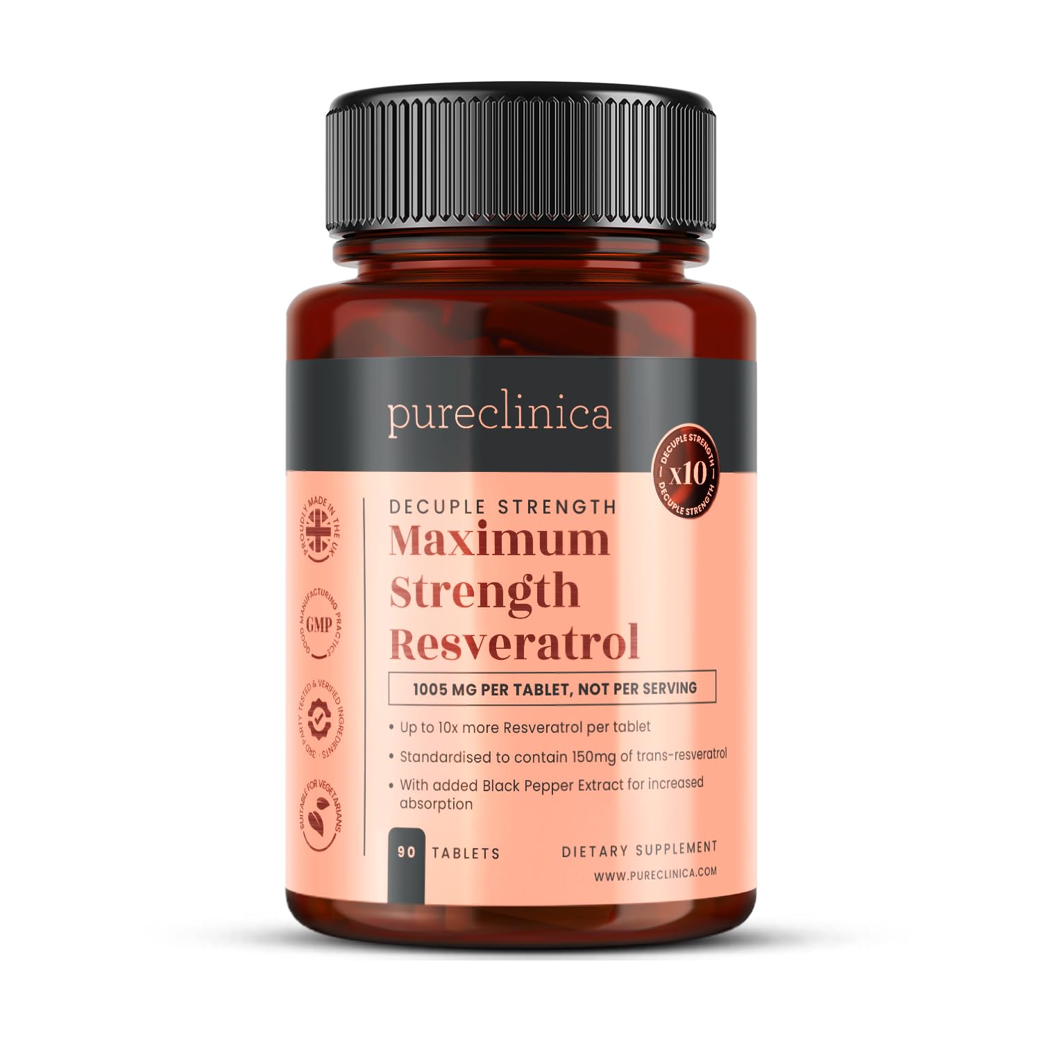 Pureclinica Resveratrol 1000mg tablet close-up for high-strength antioxidant support