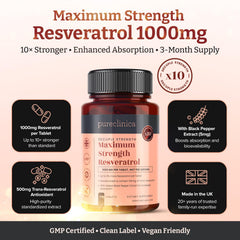 Pureclinica Resveratrol bottle front showing three-month supply