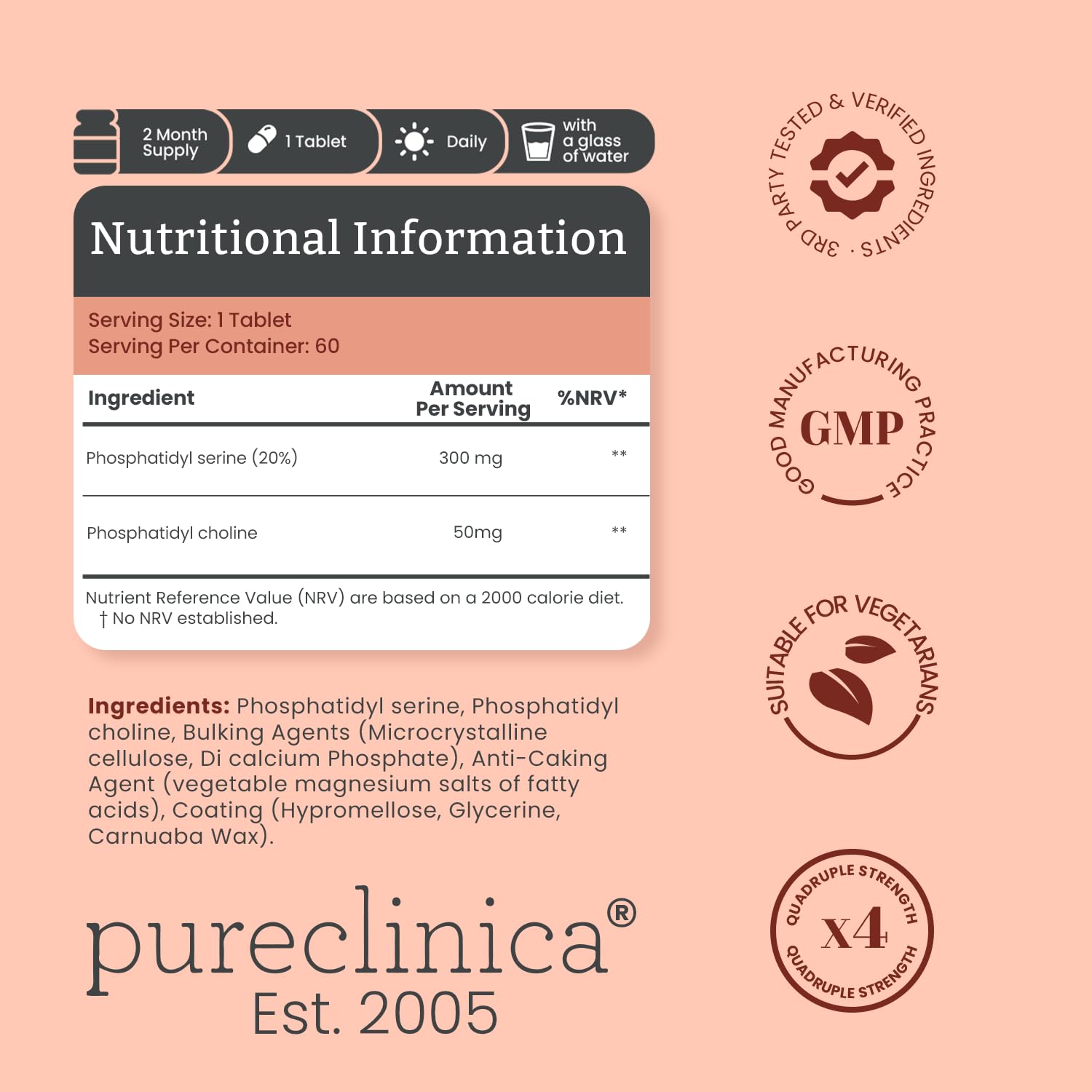 PureClinica tablet close-up highlights phosphatidylserine and phosphatidylcholine content for brain health