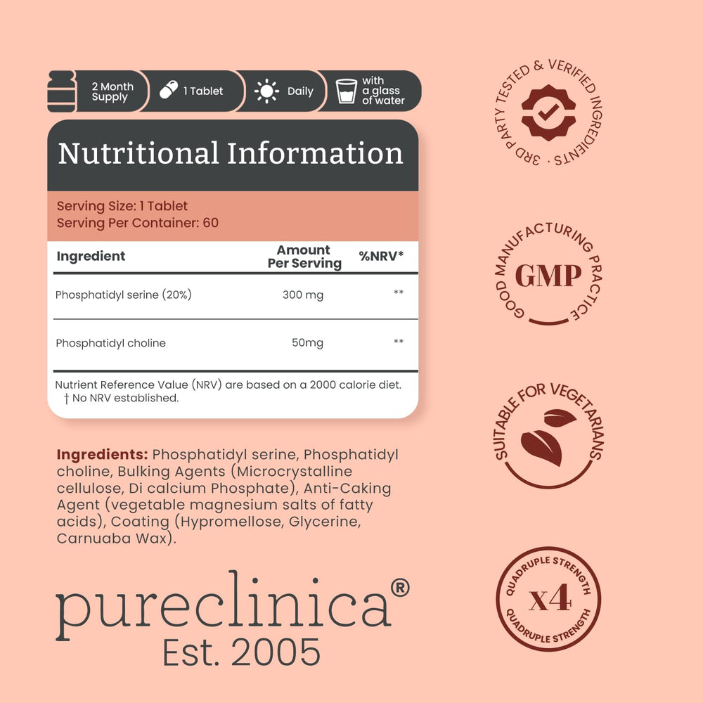 PureClinica tablet close-up highlights phosphatidylserine and phosphatidylcholine content for brain health