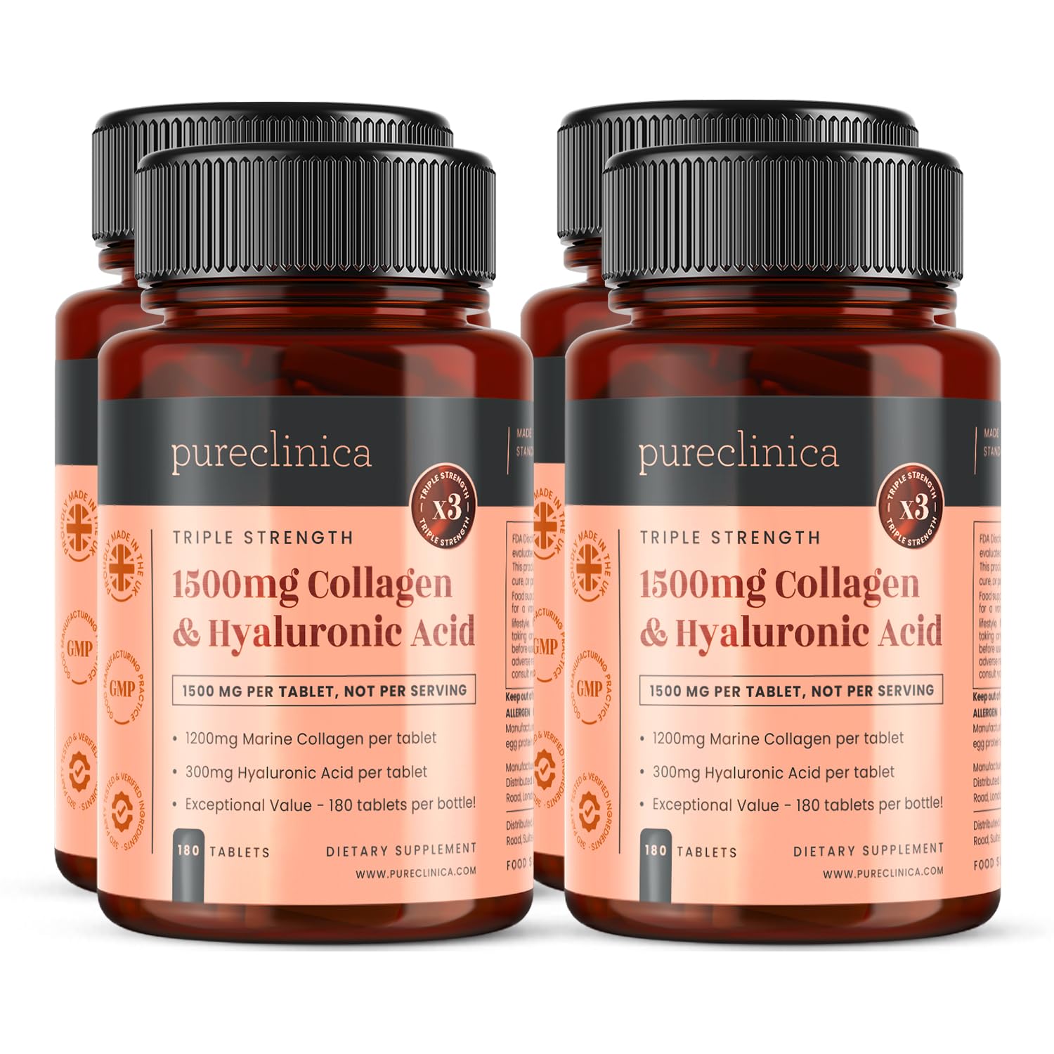 PureClinica Triple Strength bottle front showing marine collagen and hyaluronic acid benefits for skin