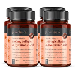 PureClinica Triple Strength bottle front showing marine collagen and hyaluronic acid benefits for skin