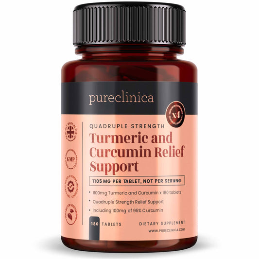 PureClinica 1100mg turmeric bottle showing high-strength formula for daily wellness