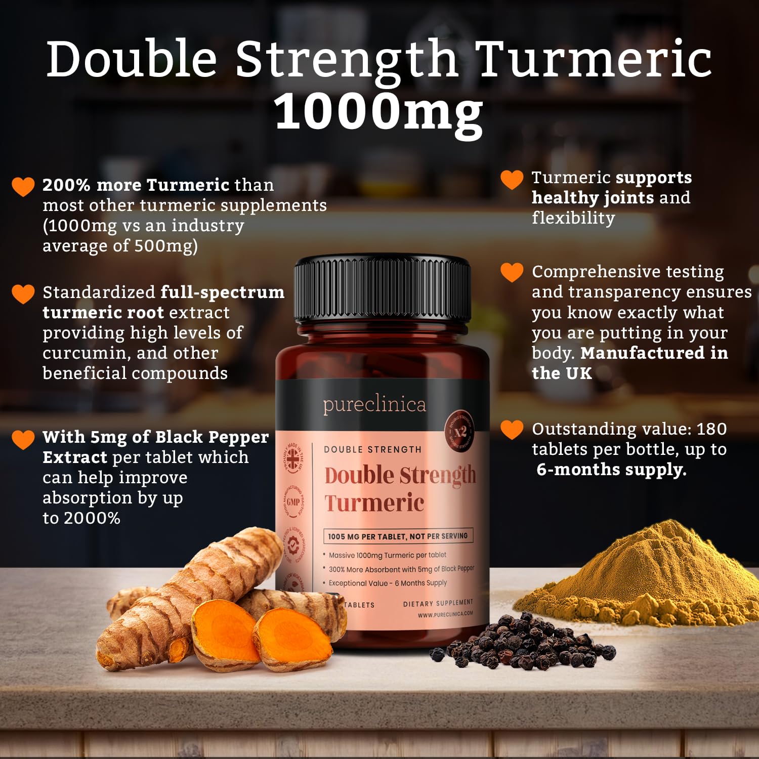 Pureclinica Turmeric with black pepper extract icon signaling improved absorption.