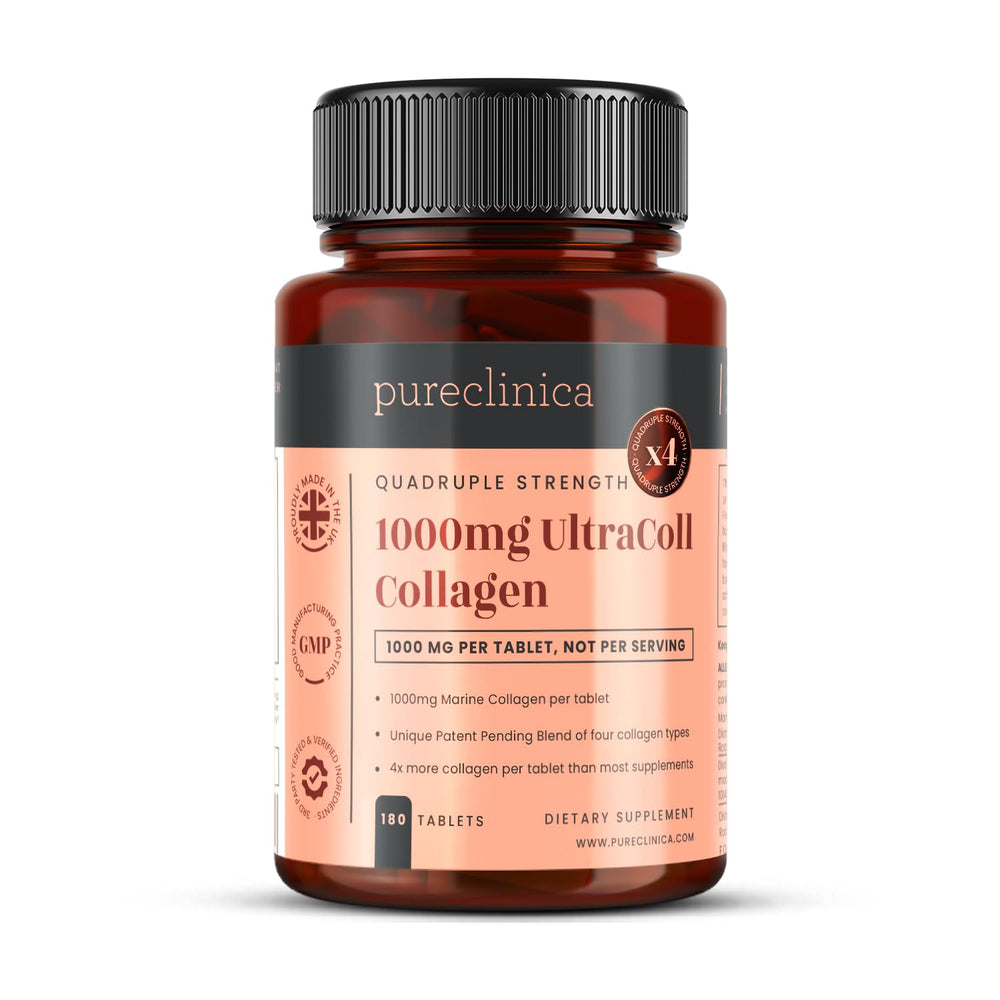 PureClinica UltraColl Marine capsule close-up showing 1000 mg per tablet for daily use.