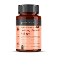 PureClinica UltraColl Marine capsule close-up showing 1000 mg per tablet for daily use.