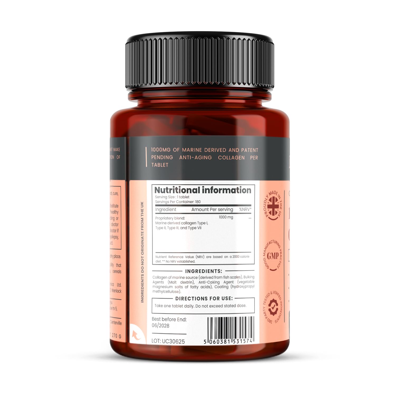 PureClinica Ultracoll Marine Collagen tablets close-up highlighting 1000 mg dose