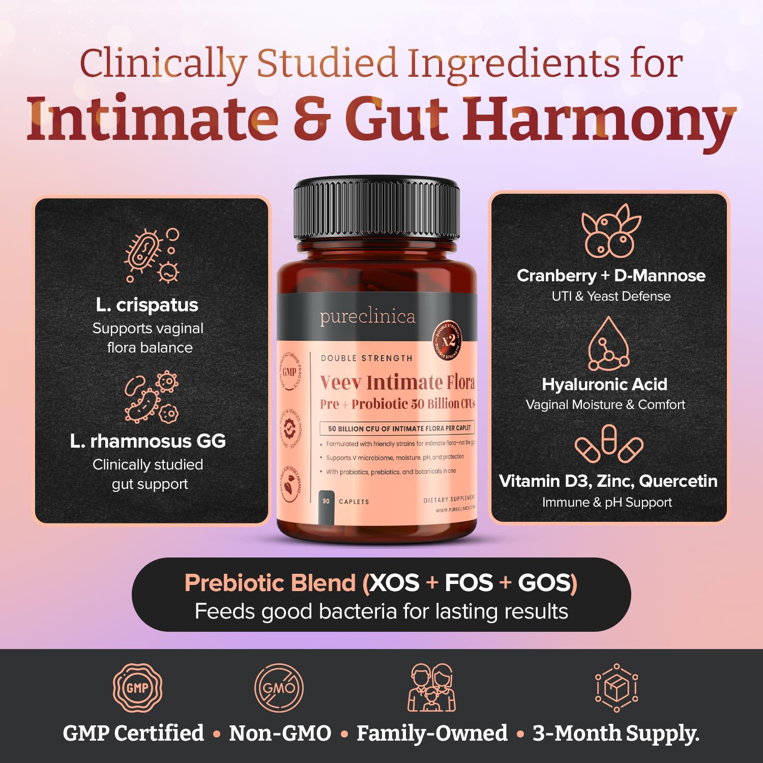 PureClinica Veev Intimate Flora bottle side with dosage information for daily use