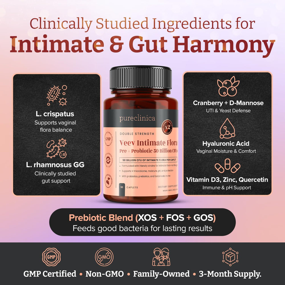 PureClinica Veev Intimate Flora bottle side with dosage information for daily use