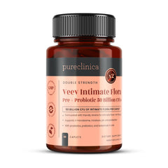 PureClinica Veev Intimate Flora caplet close-up highlighting probiotic blend for vaginal and gut balance