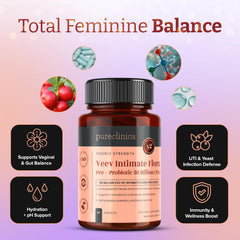 PureClinica Veev Intimate Flora packaging emphasizing vegan and GMO-free formulation