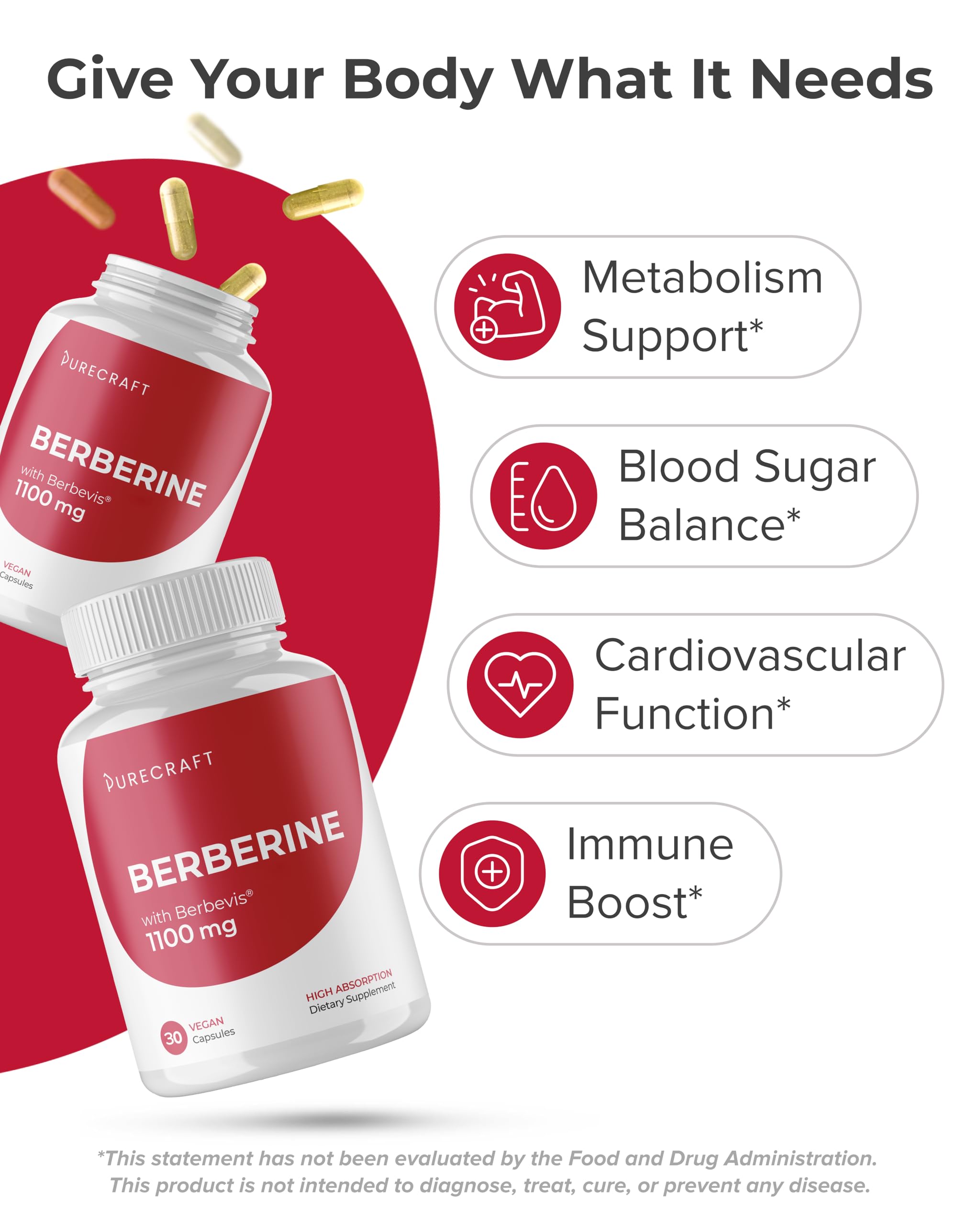 PURECRAFT Berberine ingredients label emphasizes organic, vegan, non-GMO formulation.