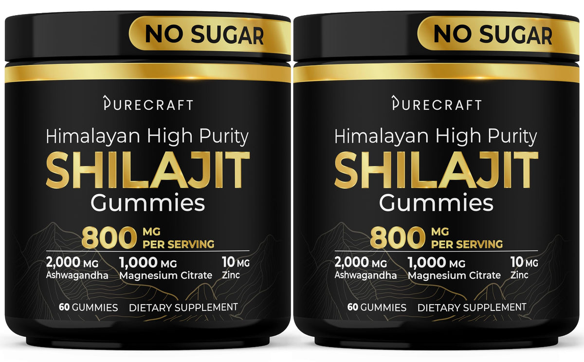 PURECRAFT Himalayan Shilajit Gummies bottle shows 800mg energy support formula for daily use.