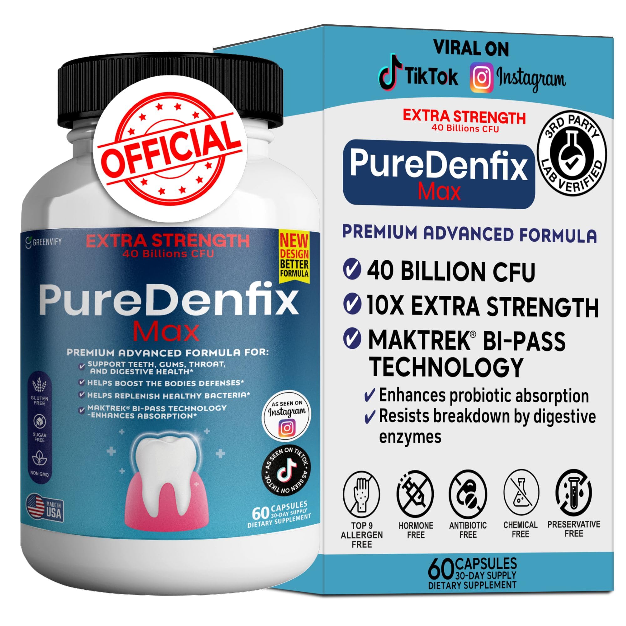 PureDenfix Max bottle front showcases extra strength probiotic for digestive and oral wellness.