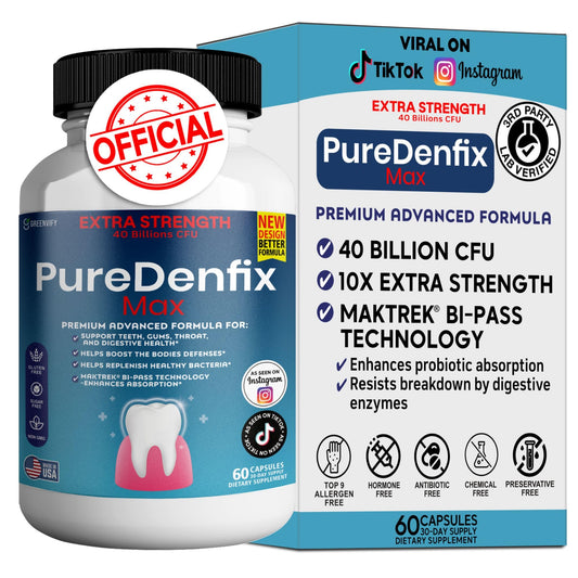 PureDenfix Max bottle front showcases extra strength probiotic for digestive and oral wellness.
