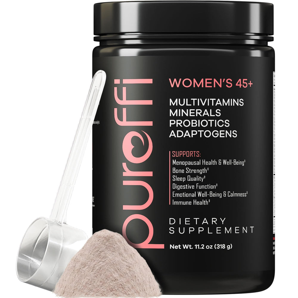 Pureffi Women’s 45+ multivitamin bottle with full ingredient list promoting midlife wellness.
