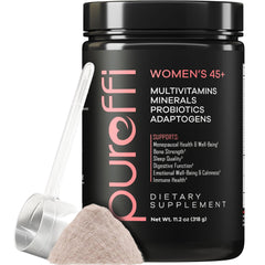 Pureffi Women’s 45+ multivitamin bottle with full ingredient list promoting midlife wellness.