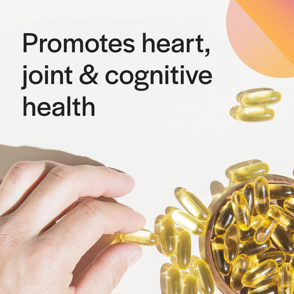 PureFormulas bottle on table, non-GMO omega-3 supplement.