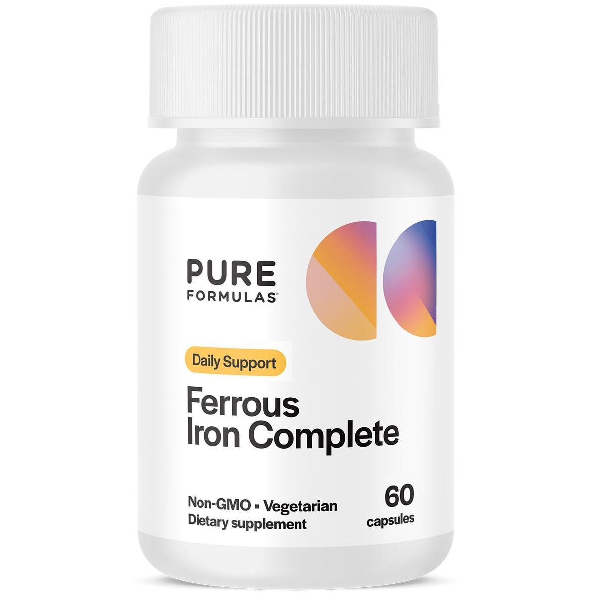 PureFormulas Ferrous Iron Complete bottle on table for daily iron support.