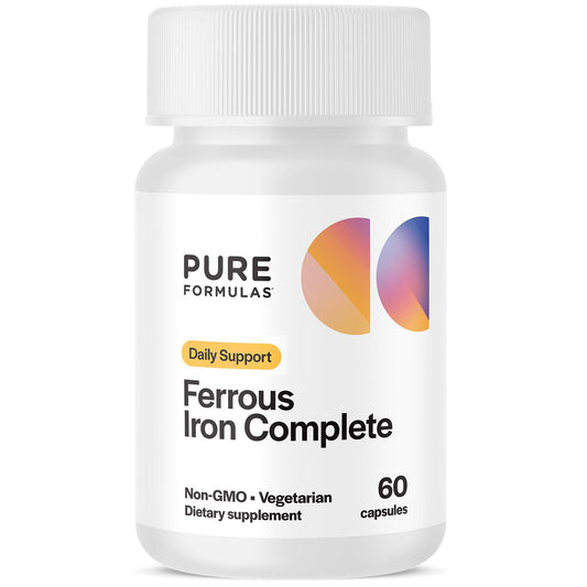 PureFormulas Ferrous Iron Complete bottle on table for daily iron support.