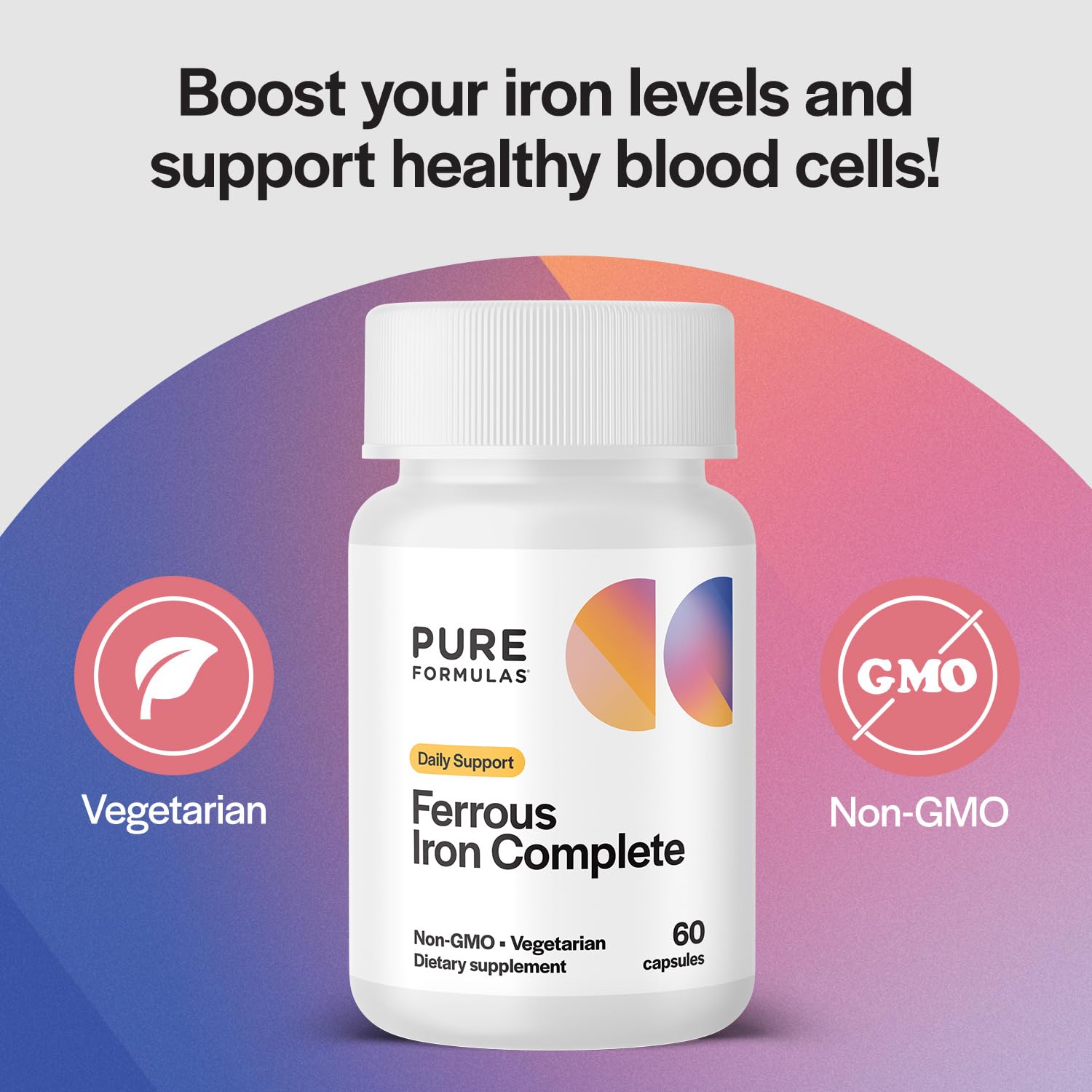 PureFormulas Ferrous Iron Complete capsules ready for daily use.