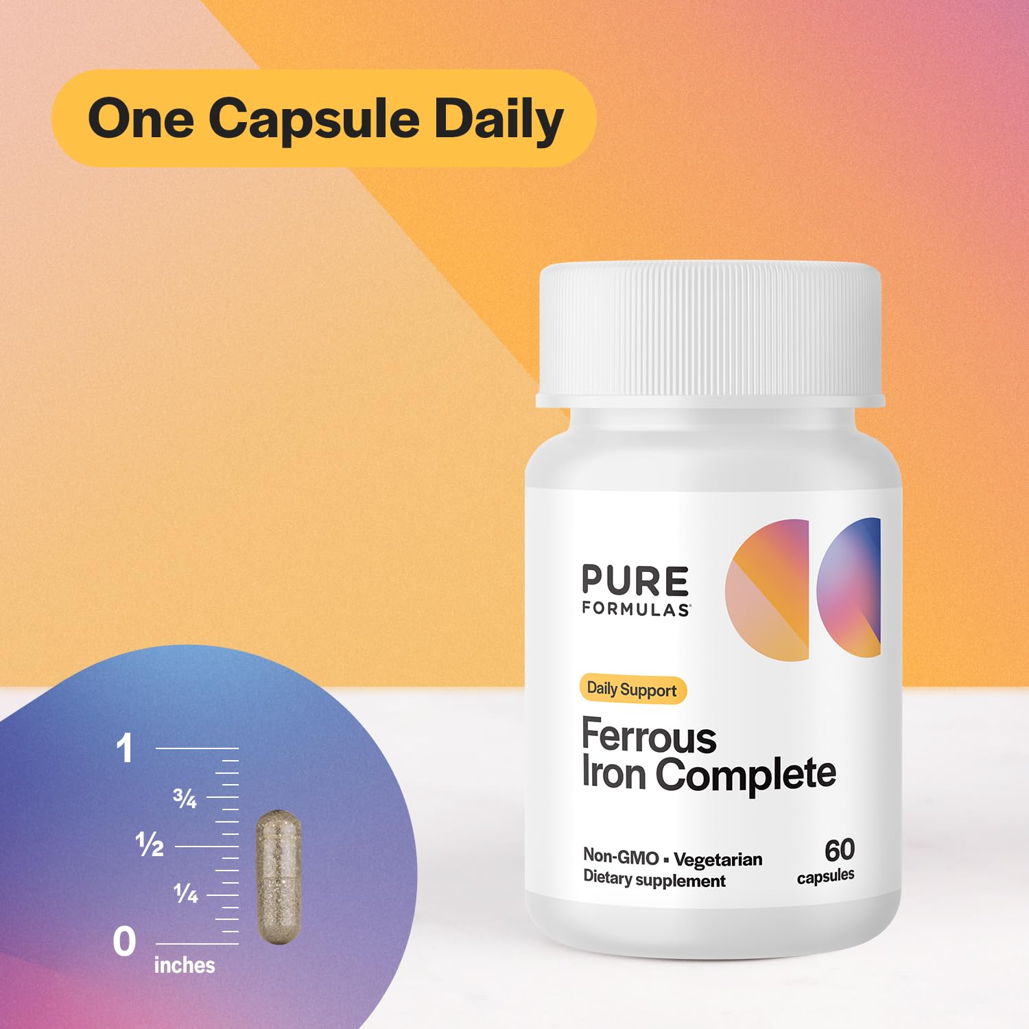 Bottle with 60 capsules from PureFormulas Ferrous Iron Complete.