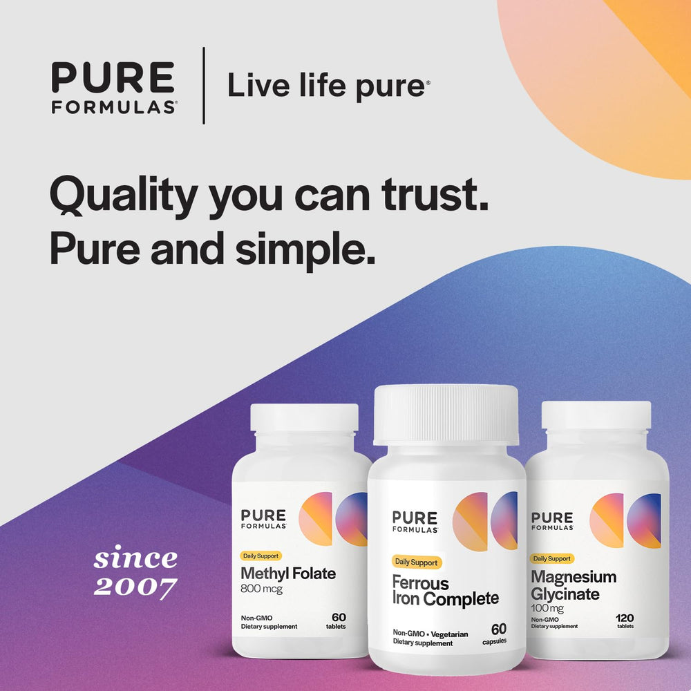 Ingredients panel view of PureFormulas Ferrous Iron Complete supplement facts.